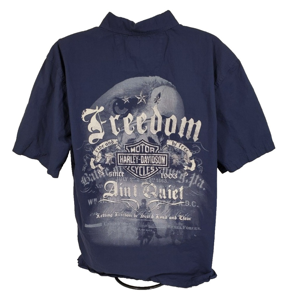 Harley Davidson Mens L Blue Button‎ Up Shirt Cotton FREEDOM AIN'T QUIET